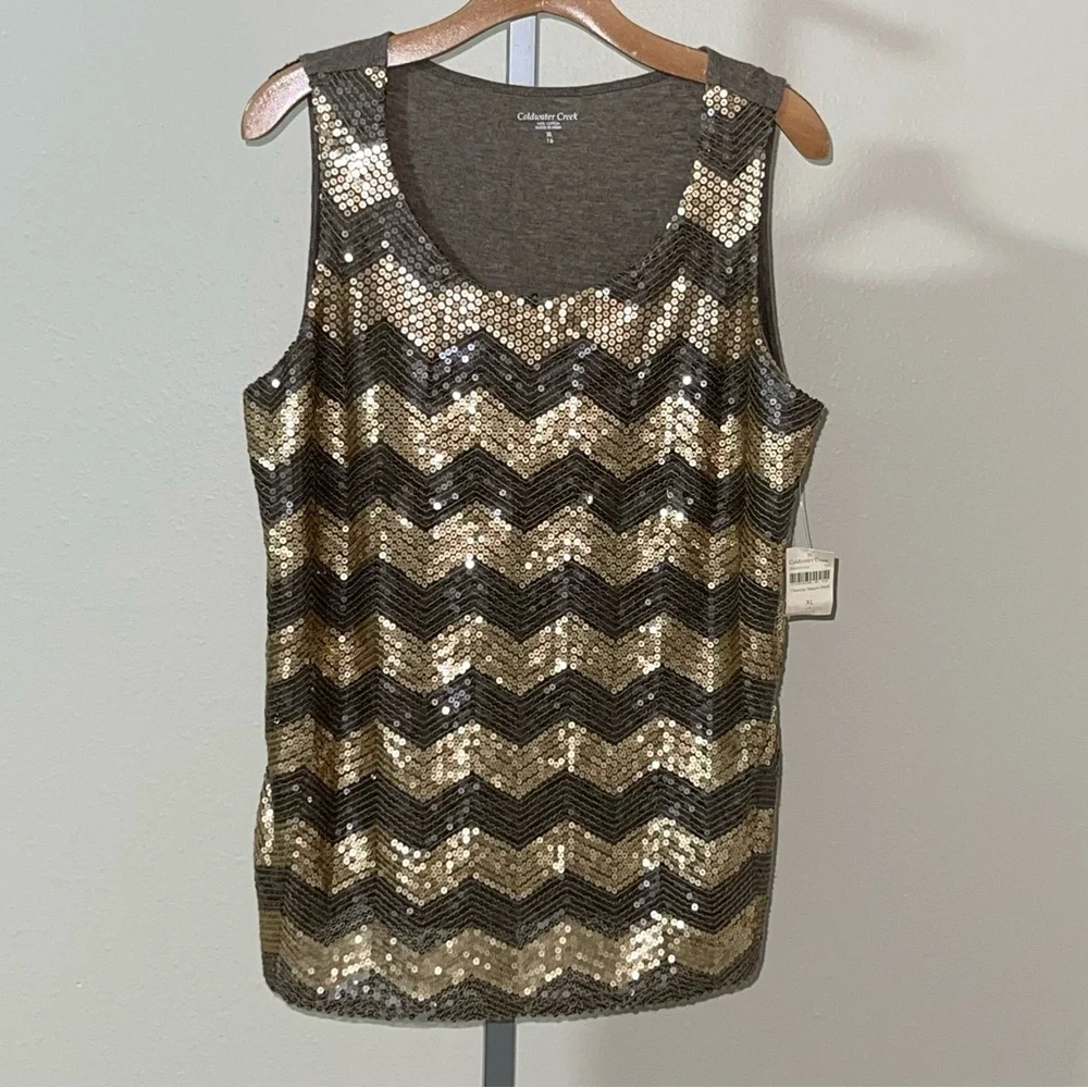 Coldwater Creek Brown Gold Chevron Sequin Shell Tank Top, Size M, XL - Picture 5 of 8